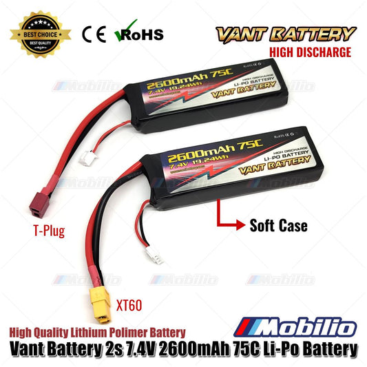 Vant Battery 7.4V 2S 2600mAh 75C Lithium Polymer LiPo Baterai RC Soft Case