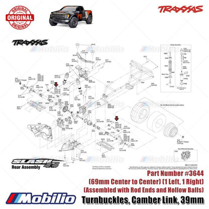 Traxxas Part #3644 Camber Link Turnbuckles 39mm for Trackside Adjustment Assembled with Rod Ends and Hollow Balls Ford Raptor Slash Hoss Rustler
