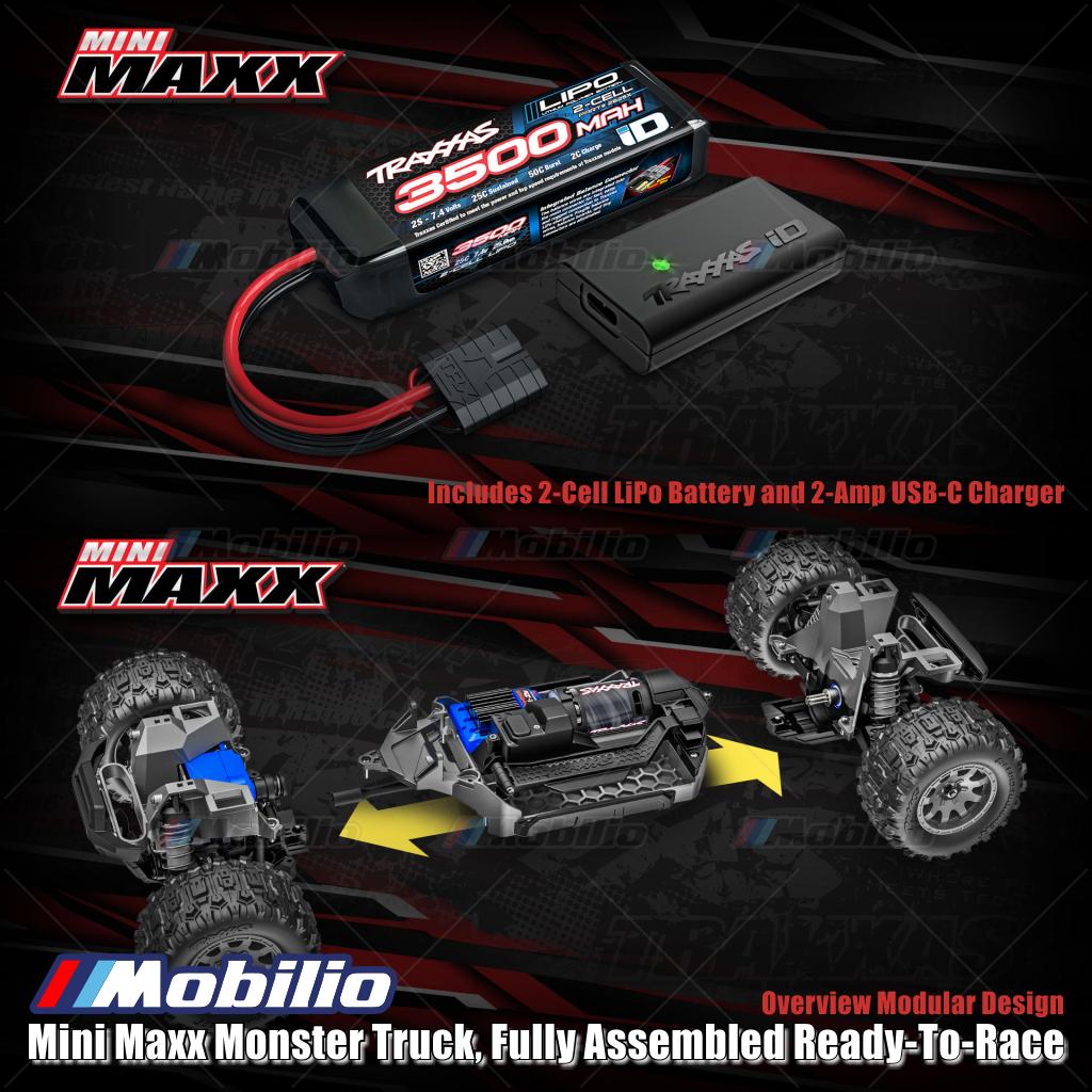 Traxxas 107154-1 Mini Maxx Monster Truck Rakitan Lengkap Brushless Siap Balap (RTR) Termasuk Baterai &amp; Charger Kecepatan 30+ mph Penggerak 4WD Tahan Air Sistem Radio TQ 2.4 GHz