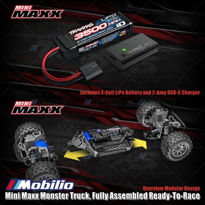 Traxxas 107154-1 Mini Maxx Monster Truck Rakitan Lengkap Brushless Siap Balap (RTR) Termasuk Baterai &amp; Charger Kecepatan 30+ mph Penggerak 4WD Tahan Air Sistem Radio TQ 2.4 GHz