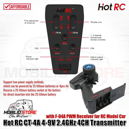 HotRC CT-4A 4-9V 2.4GHz 4CH Transmitter with F-04A PWM Receiver RC