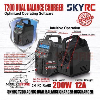 SKYRC T200 AC/DC 200W 12A Pengisi Daya/Pengosong Baterai Lipo Dual Balance