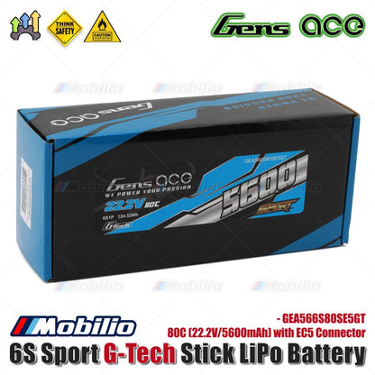 Baterai LiPo Gens Ace 6S 80C Sport G-Tech Stick (22.2V/5600mAh) dengan Konektor EC5 - GEA566S80SE5GT