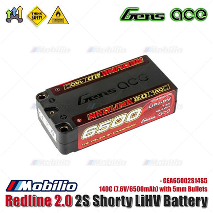 Gens Ace Redline 2.0 2S Baterai LiHV Pendek 140C (7.6V/6500mAh) dengan Bullet 5mm - GEA65002S14S5