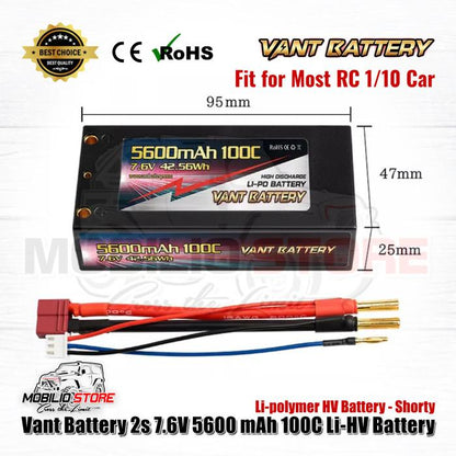 Baterai Vant 2S 7.6V 5600 mAh 100C Li-HV Li-Polimer HV Shorty