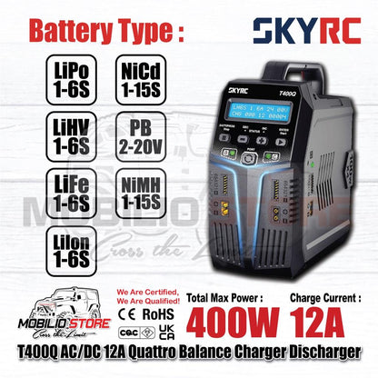 SKYRC T400Q AC/DC 4x100W 12A Pengisi Daya Penyeimbang Quattro Pengosong