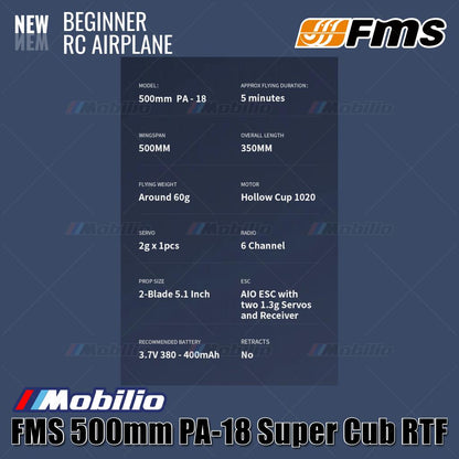 Pesawat RC Mikro FMS 500mm PA-18 Super Cub RTF Mudah Diterbangkan untuk Pemula