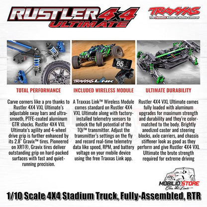 Traxxas 67097-4 Rustler 4X4 Ultimate Skala 1/10 Truk Stadion 4X4 VXL TQi RTR