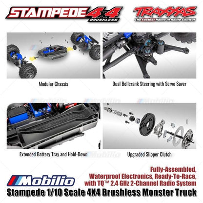 Traxxas 67154-4 Stampede BL-2S Truk Monster 4X4 Brushless Skala 1/10 Rakitan Lengkap Tahan Air RTR