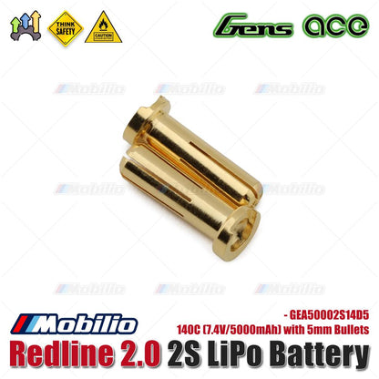 Gens Ace Redline 2.0 2S LiPo Battery 140C (7.4V/5000mAh) with 5mm Bullets - GEA50002S14D5