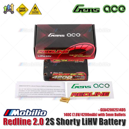 Baterai LiHV Gens Ace Redline 2.0 2S Shorty 140C (7.6V/4200mAh) dengan Bullet 5mm - GEA42002S14D5