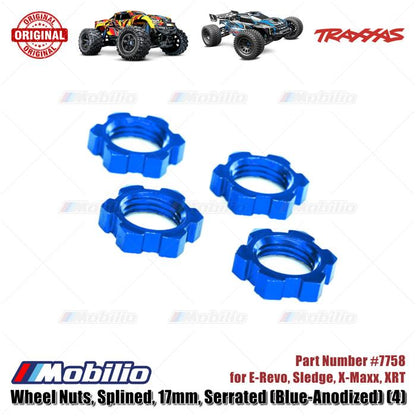Traxxas Part #7758 Wheel Nuts Splined 17mm Serrated Blue-anodized 4 Pcs for E-Revo Sledge X-Maxx XRT