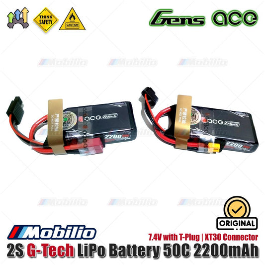 Gens Ace 2S G-Tech LiPo Battery 7.4V 50C 2200mAh with T-Plug | XT30 Connector