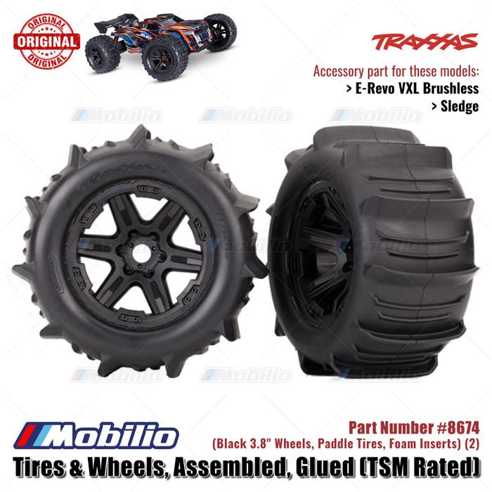 Traxxas Part #8674 Paddle Tires & Wheels Assembled Glued TSM Rated Black 3.8" Wheels for RC E-Revo Sledge