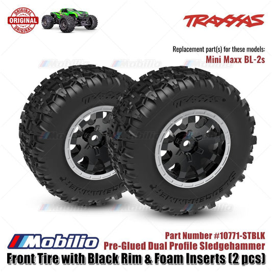 Traxxas Part #10771-STBLK Front Tire with Black Rim & Foam Inserts (2 Pcs) Pre-Glued Dual Profile Sledgehammer RC Mini Maxx BL-2S