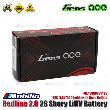 Gens Ace Redline 2.0 2S Shory LiHV Battery 140C (7.6V/5000mAh) with 5mm Bullets - GEA50002S14S5