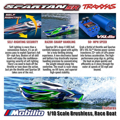 Traxxas 103076-4 Spartan SR Perahu Balap Brushless Skala 1/10 RC Tahan Air Elektronik Siap Balap
