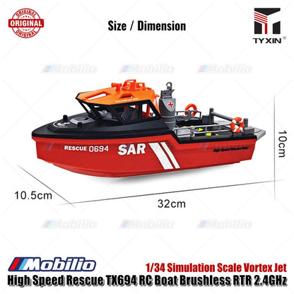 Perahu RC Penyelamat Berkecepatan Tinggi TX694 Brushless RTR 2.4GHz Skala Simulasi 1/34 Jet Vortex