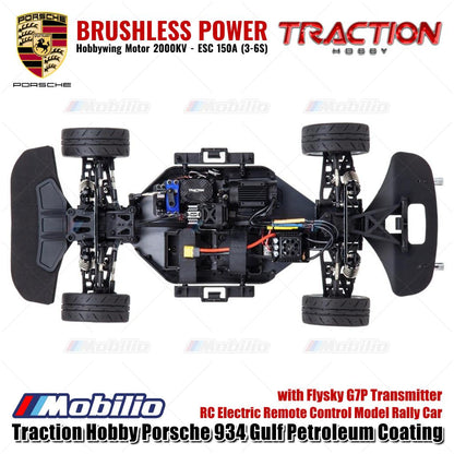 Mobil Reli Model RC Elektrik Kendali Jarak Jauh Skala 1/6 Traction Hobby Porsche 934 Gulf Petroleum Coating dengan Pemancar Flysky G7P