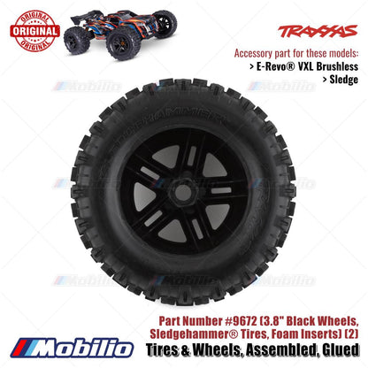 Traxxas Part #9672 Tires & Wheels Assembled Glued Black Sledgehammer Tire RC Sledge 1/8 Scale Off-Road