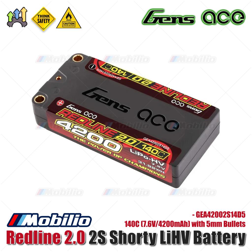 Baterai LiHV Gens Ace Redline 2.0 2S Shorty 140C (7.6V/4200mAh) dengan Bullet 5mm - GEA42002S14D5
