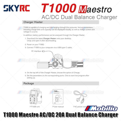 SKYRC T1000 Maestro Charger AC/DC 2A Pengisi Daya Ganda 450W 1000W 1-6S untuk Baterai LiFe NiMH NiCd