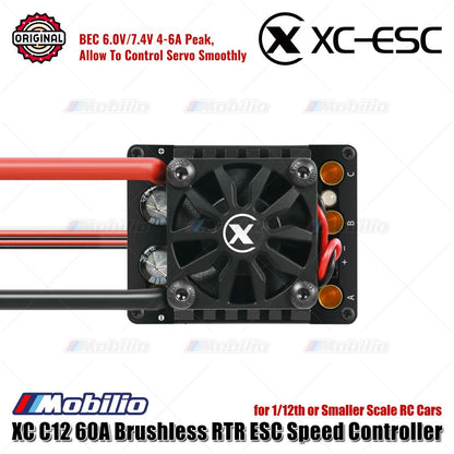 ESC Pengontrol Kecepatan Tanpa Sensor Tanpa Kuas XC-ESC C12 60A RTR untuk Mobil RC Skala 1/12 atau Lebih Kecil