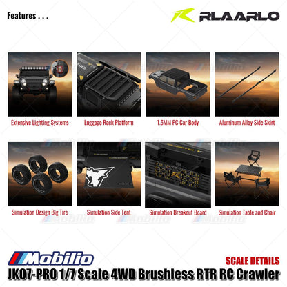 Rlaarlo JK07 PRO Skala 1/7 4WD Brushless RTR 2.4GHz RC Crawler Adventure Wrangler 2025 Kontrol Jarak Jauh