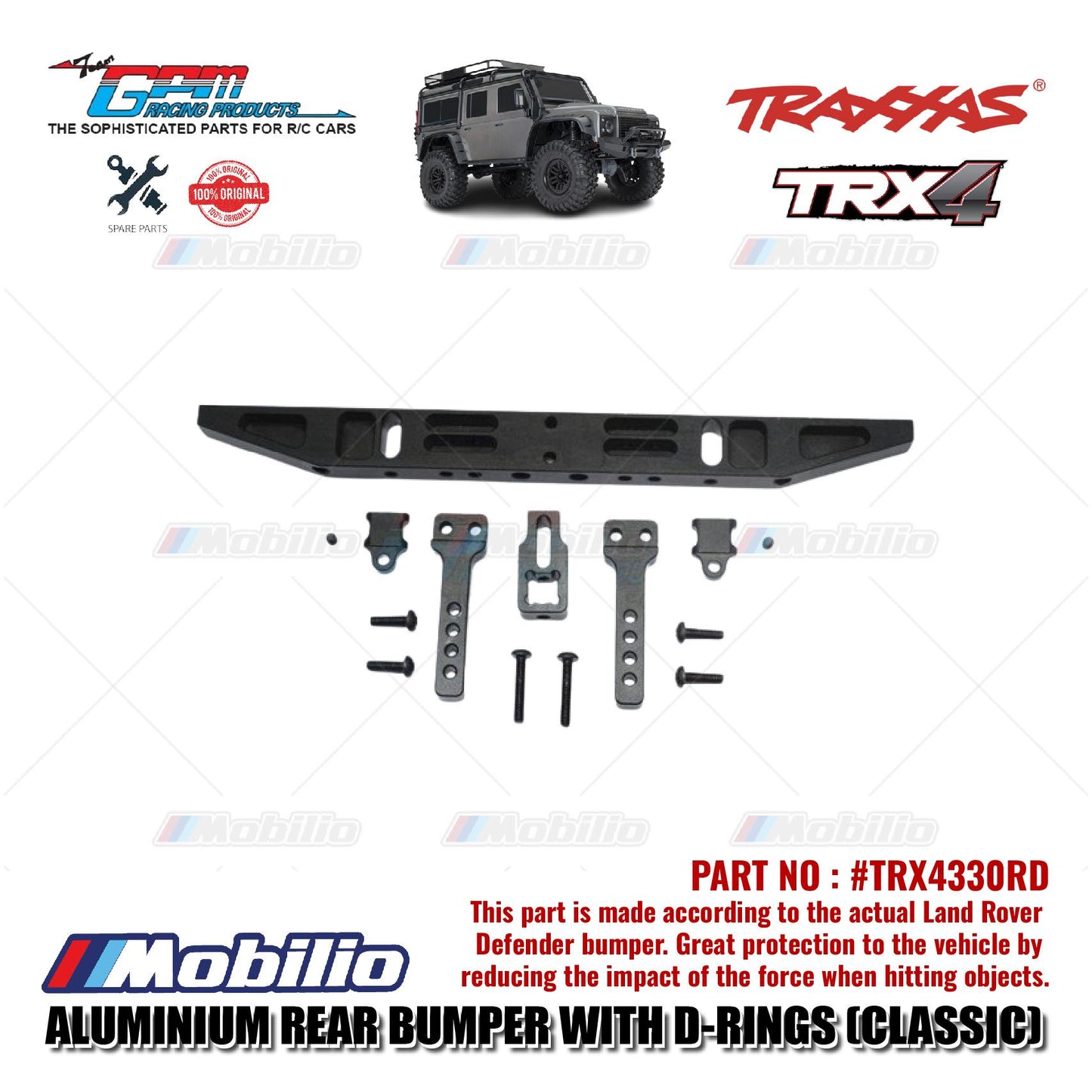 GPM Part TRX4330RD Aluminium Rear Bumper with D-rings (Classic) for Traxxas TRX-4 Defender