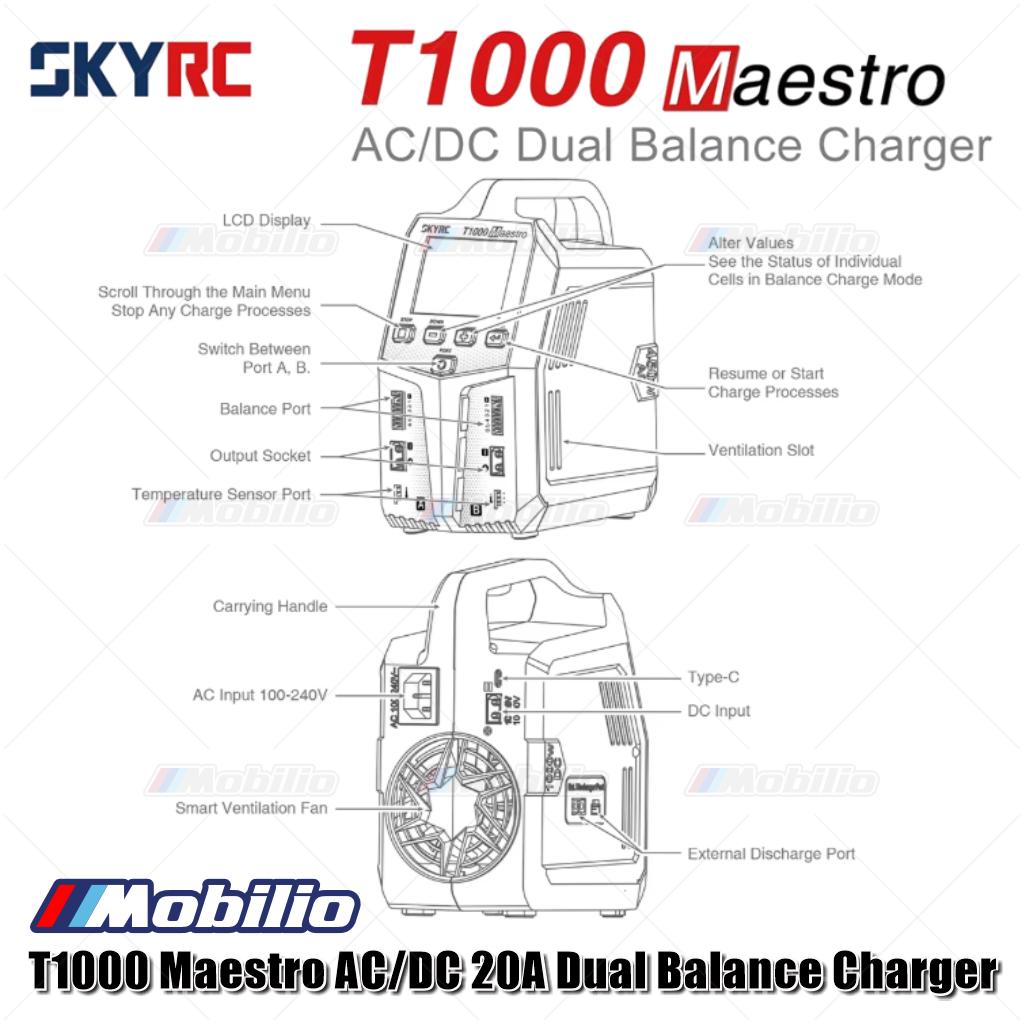 SKYRC T1000 Maestro Charger AC/DC 2A Pengisi Daya Ganda 450W 1000W 1-6S untuk Baterai LiFe NiMH NiCd