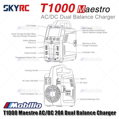 SKYRC T1000 Maestro Charger AC/DC 2A Pengisi Daya Ganda 450W 1000W 1-6S untuk Baterai LiFe NiMH NiCd
