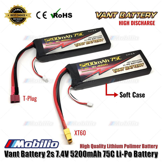 Vant Battery 7.4V 2S 5200mAh 75C Lithium Polymer LiPo Baterai RC Soft Case