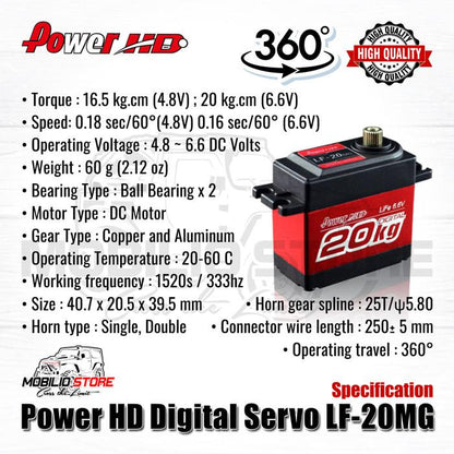 Power HD Digital Servo LF-20MG 360 Rotation 20 Kg Metal Gear RC Winch