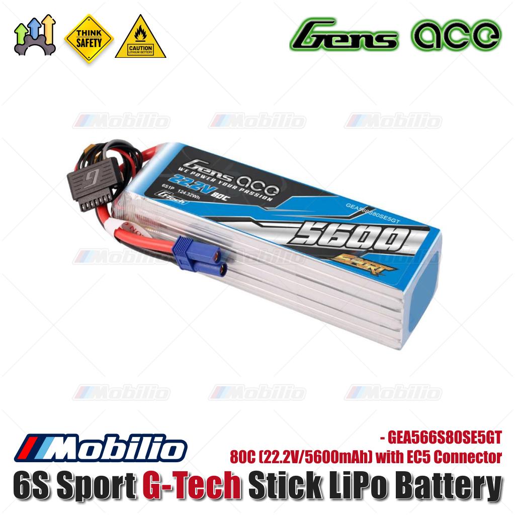 Baterai LiPo Gens Ace 6S 80C Sport G-Tech Stick (22.2V/5600mAh) dengan Konektor EC5 - GEA566S80SE5GT