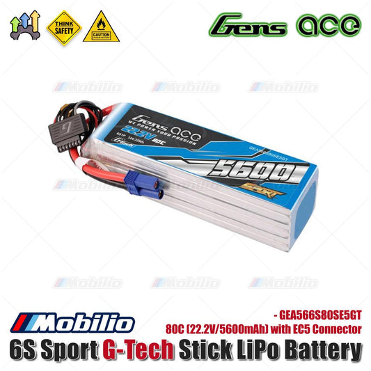 Gens Ace 6S 80C Sport G-Tech Stick LiPo Battery (22.2V/5600mAh) with EC5 Connector - GEA566S80SE5GT