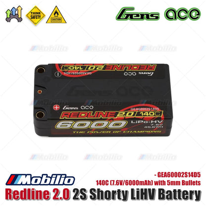 Baterai LiHV Gens Ace Redline 2.0 2S Shorty 140C (7.6V/6000mAh) dengan Bullet 5mm - GEA60002S14D5