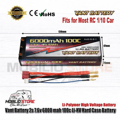 Baterai Vant 2S 7.6V 6000 mAh 100C Li-HV Li-Polimer Hard Case
