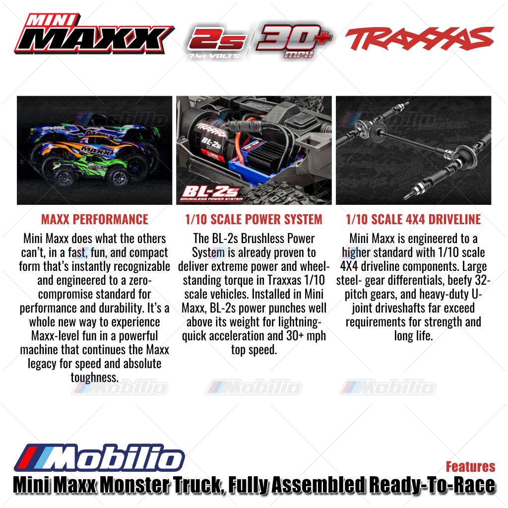 Traxxas 107154-1 Mini Maxx Monster Truck Rakitan Lengkap Brushless Siap Balap (RTR) Termasuk Baterai &amp; Charger Kecepatan 30+ mph Penggerak 4WD Tahan Air Sistem Radio TQ 2.4 GHz