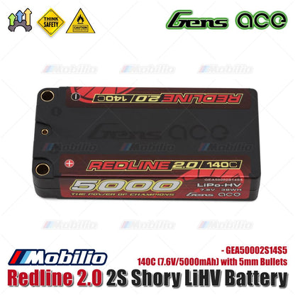 Gens Ace Redline 2.0 2S Shory LiHV Battery 140C (7.6V/5000mAh) with 5mm Bullets - GEA50002S14S5