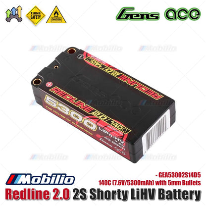 Baterai Gens Ace Redline 2.0 2S Shorty LiHV 140C (7.6V/5300mAh) dengan Bullet 5mm - GEA53002S14D5