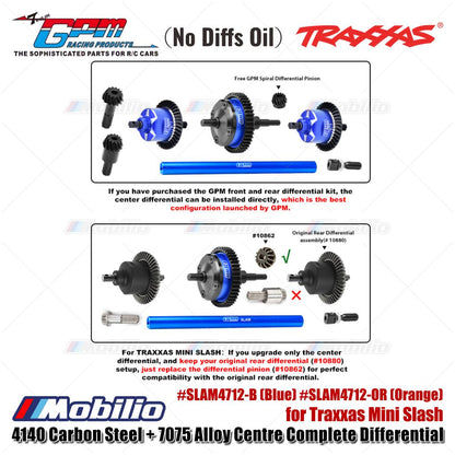 GPM Part #SLAM4712-B (Blue) #SLAM4712-OR (Orange) 4140 Carbon Steel + 7075 Alloy Centre Complete Differential for Traxxas Mini Slash Upgrade