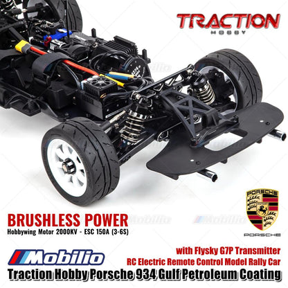 Mobil Reli Model RC Elektrik Kendali Jarak Jauh Skala 1/6 Traction Hobby Porsche 934 Gulf Petroleum Coating dengan Pemancar Flysky G7P