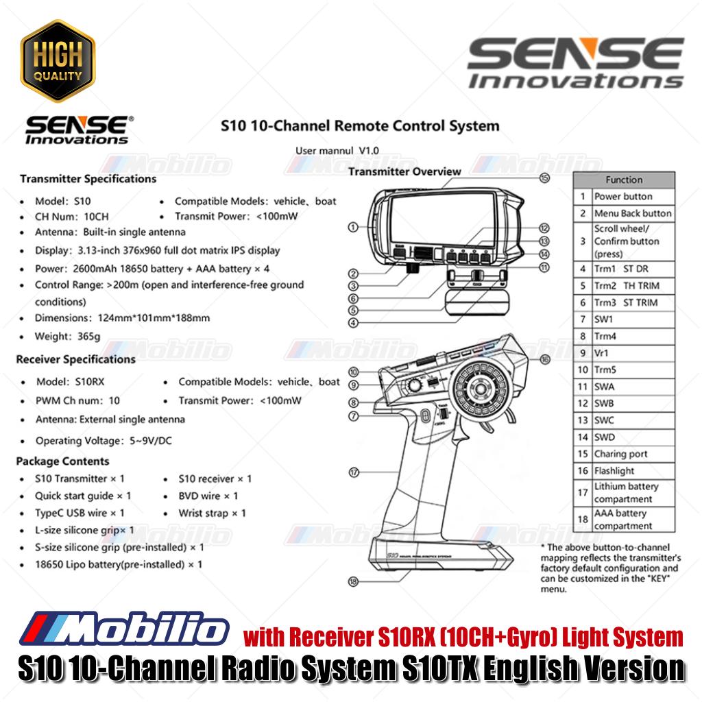 Sense Innovations S10 10-Channel Light Radio System Smart Remote Controller Transmitter Set S10TX +S10RX w/ Gyro