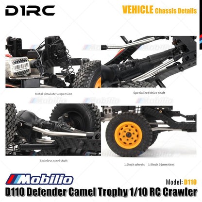 D1RC D110 Defender Camel Trophy Skala 1/10 Jarak Sumbu Roda 334mm Mobil RC Crawler Petualangan