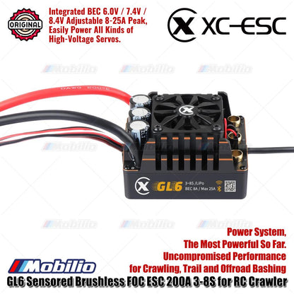 XC-ESC GL6 Sensored Brushless FOC ESC 200A 3-8S untuk RC Crawler Trail dan Offroad Bashing