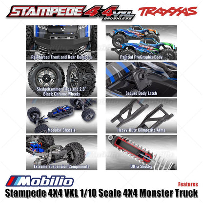 Traxxas 90376-4 Stampede VXL 1/10 Skala 4X4 Truk Monster Rakitan Penuh Tahan Air RTR dengan TQi TSM