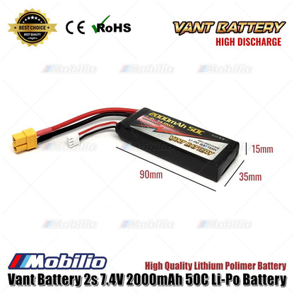 Baterai LiPo Polimer Lithium Vant 7.4V 2S 2000mAh 50C Casing Lembut RC