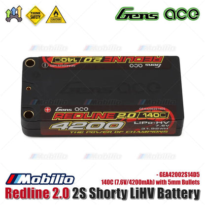 Baterai LiHV Gens Ace Redline 2.0 2S Shorty 140C (7.6V/4200mAh) dengan Bullet 5mm - GEA42002S14D5