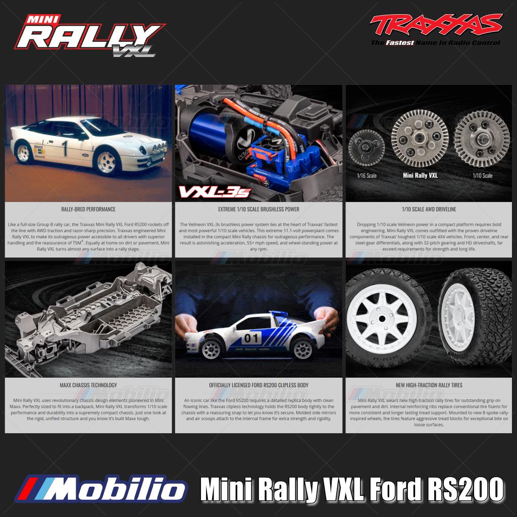 Traxxas 108046-1 Mini Rally VXL Ford RS200 Sistem Tenaga Brushless Bodi Tanpa Klip Rakitan Lengkap RTR dengan Sistem Radio TQi 2.4 GHz TSM
