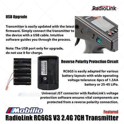 Radiolink RC6GS V3 7 Channels RC Transmitter and Receiver R7FG Fully Waterproof Available for Cars Crawler Truck Boats